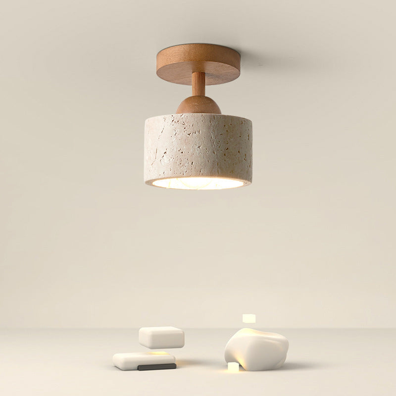Lámpara de techo semiempotrada de 1 luz de madera maciza con pantalla redonda de travertino beige tradicional japonés para sala de estar 