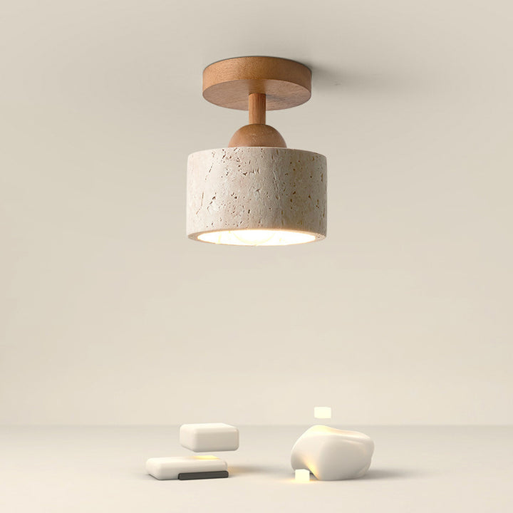 Lámpara de techo semiempotrada de 1 luz de madera maciza con pantalla redonda de travertino beige tradicional japonés para sala de estar 