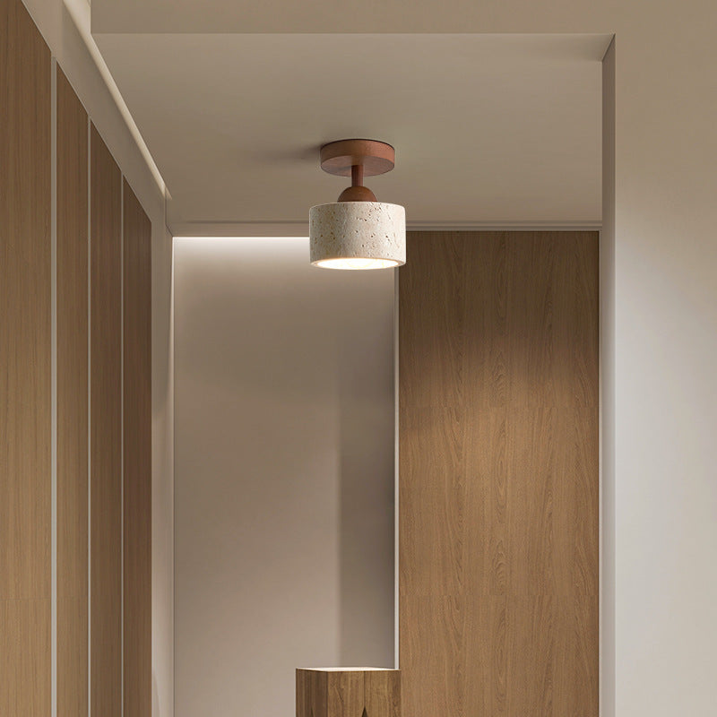 Lámpara de techo semiempotrada de 1 luz de madera maciza con pantalla redonda de travertino beige tradicional japonés para sala de estar 