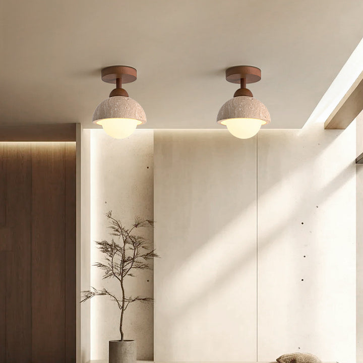 Lámpara de techo semiempotrada de 1 luz de madera maciza con pantalla redonda de travertino beige tradicional japonés para sala de estar 
