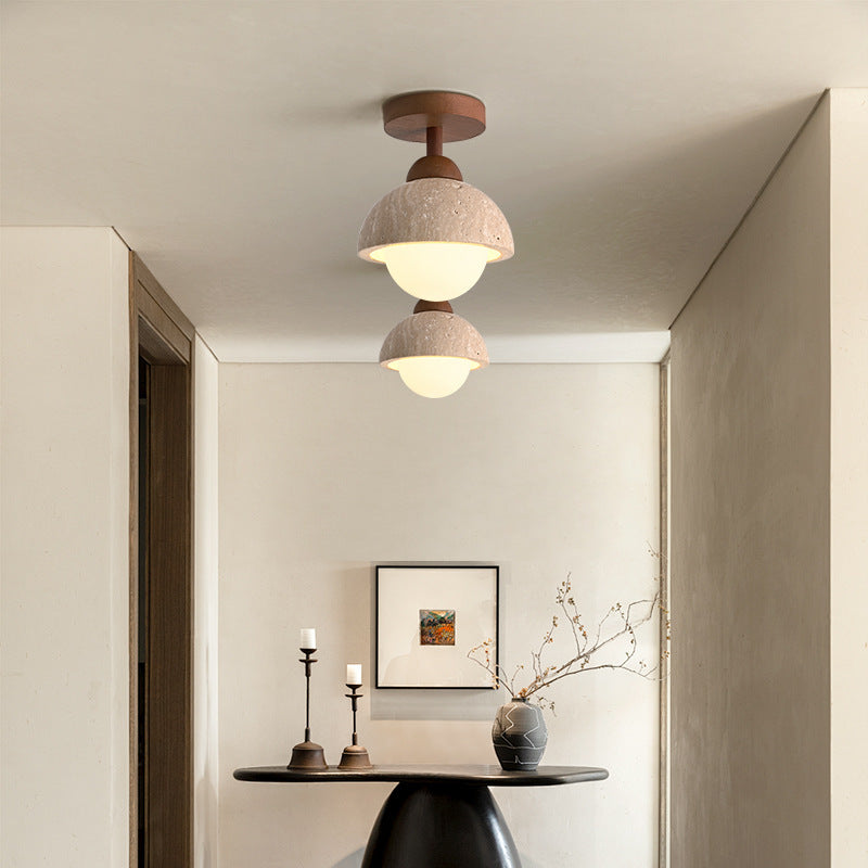 Lámpara de techo semiempotrada de 1 luz de madera maciza con pantalla redonda de travertino beige tradicional japonés para sala de estar 
