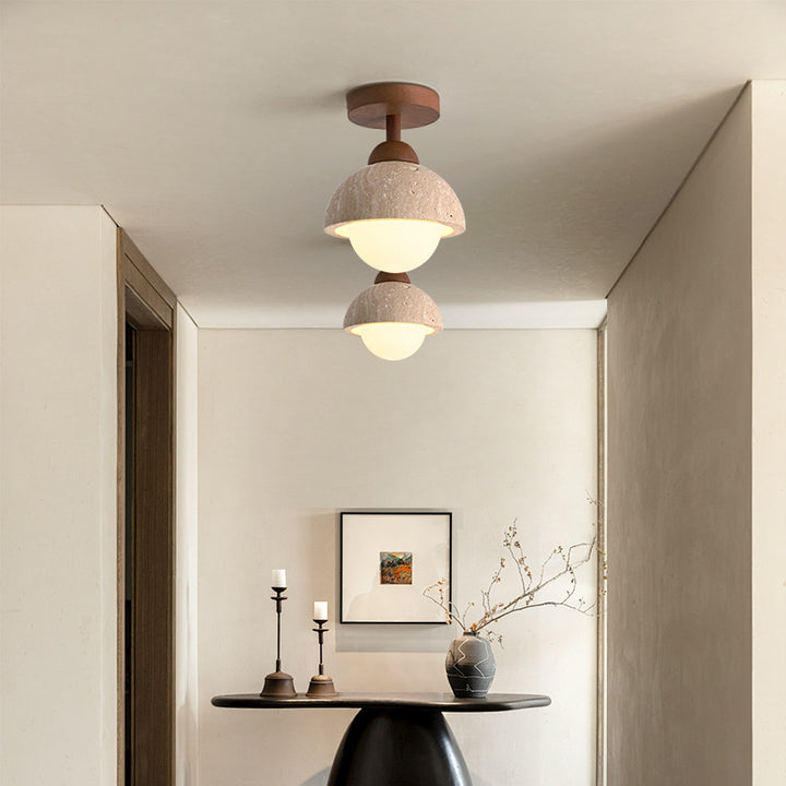 Lámpara de techo semiempotrada de 1 luz de madera maciza con pantalla redonda de travertino beige tradicional japonés para sala de estar 