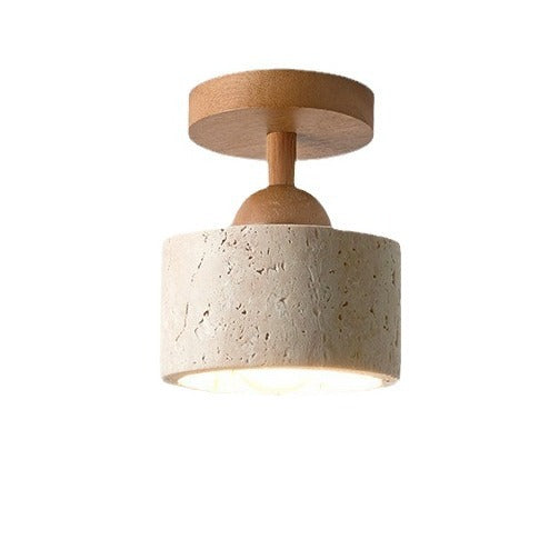 Lámpara de techo semiempotrada de 1 luz de madera maciza con pantalla redonda de travertino beige tradicional japonés para sala de estar 