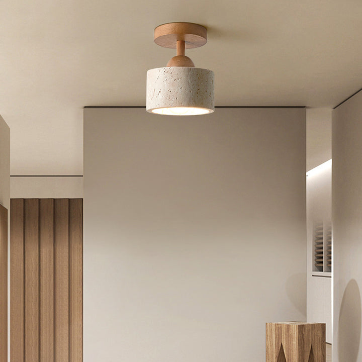 Lámpara de techo semiempotrada de 1 luz de madera maciza con pantalla redonda de travertino beige tradicional japonés para sala de estar 