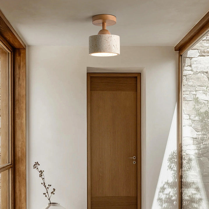 Lámpara de techo semiempotrada de 1 luz de madera maciza con pantalla redonda de travertino beige tradicional japonés para sala de estar 