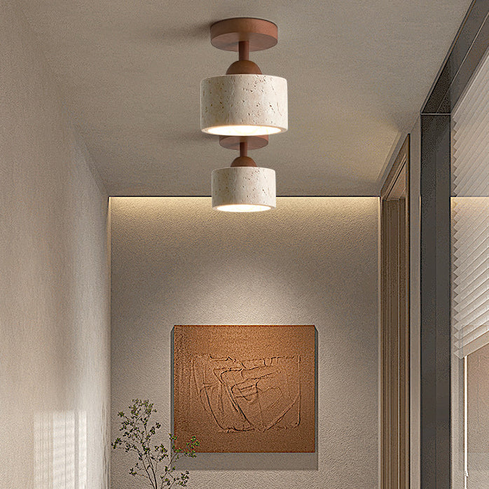 Lámpara de techo semiempotrada de 1 luz de madera maciza con pantalla redonda de travertino beige tradicional japonés para sala de estar 