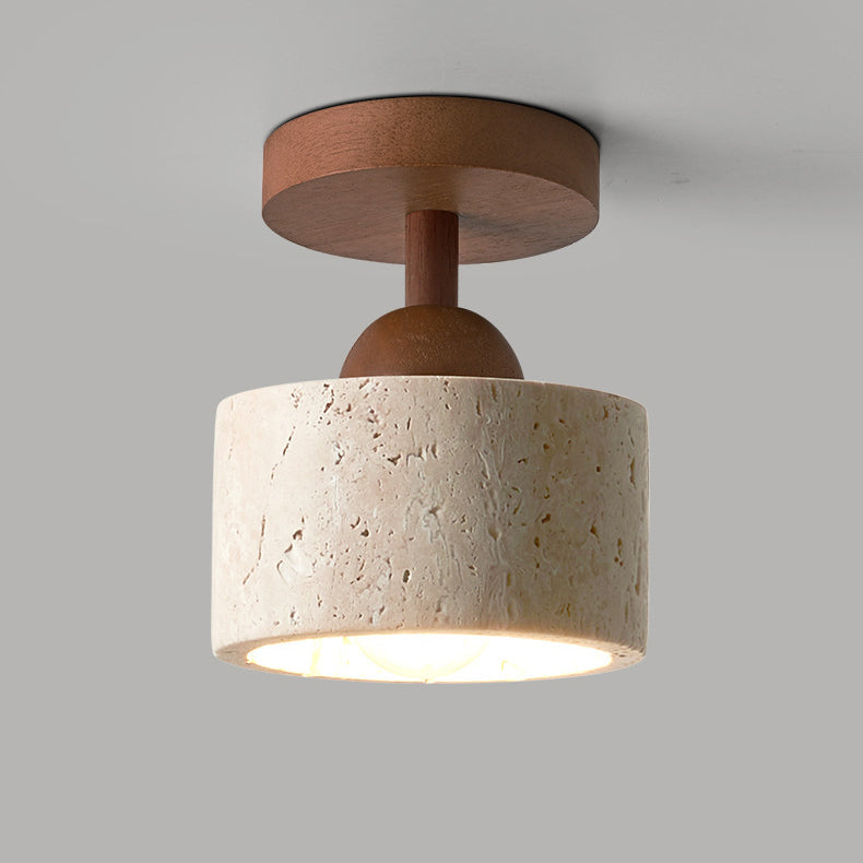 Lámpara de techo semiempotrada de 1 luz de madera maciza con pantalla redonda de travertino beige tradicional japonés para sala de estar 