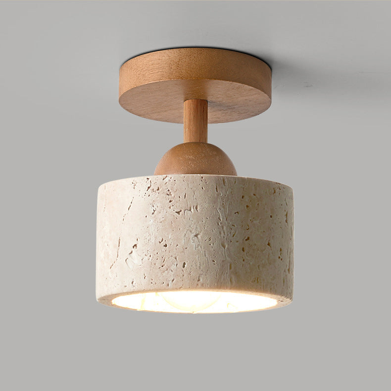 Lámpara de techo semiempotrada de 1 luz de madera maciza con pantalla redonda de travertino beige tradicional japonés para sala de estar 
