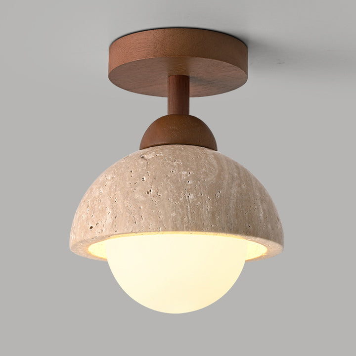 Lámpara de techo semiempotrada de 1 luz de madera maciza con pantalla redonda de travertino beige tradicional japonés para sala de estar 