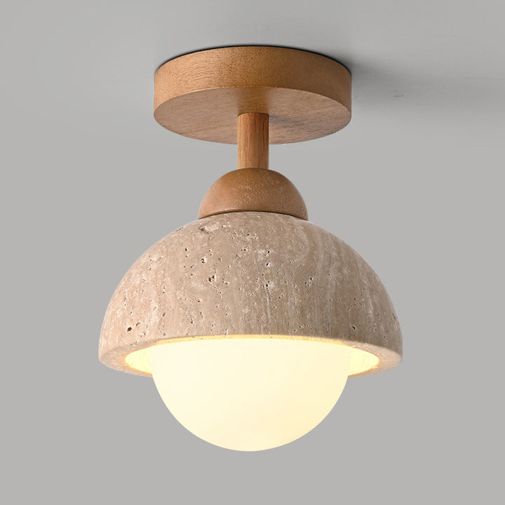 Lámpara de techo semiempotrada de 1 luz de madera maciza con pantalla redonda de travertino beige tradicional japonés para sala de estar 