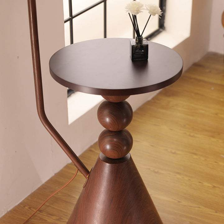 Zeitgenössische Retro-Stehlampe aus Glas mit rundem Schirm und Massivholzregalen, 1 Licht, für das Home Office 