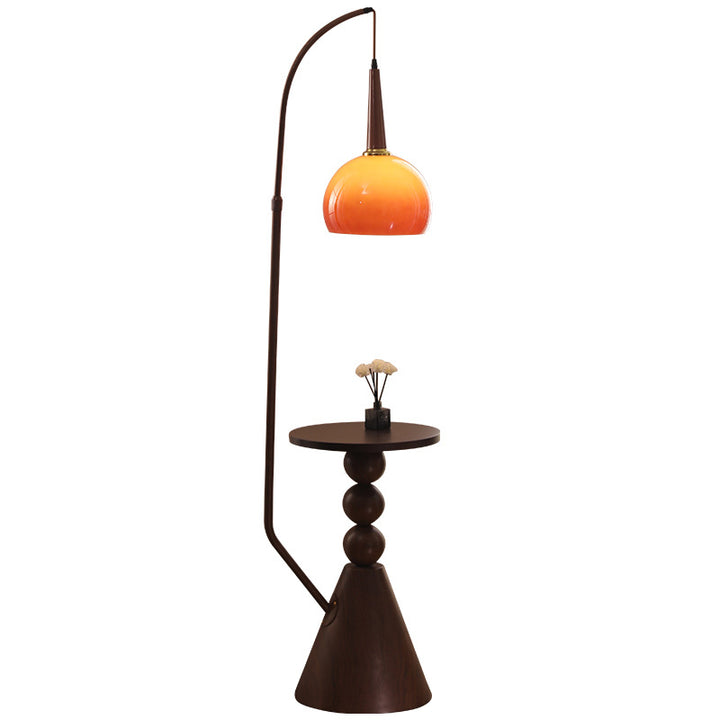 Zeitgenössische Retro-Stehlampe aus Glas mit rundem Schirm und Massivholzregalen, 1 Licht, für das Home Office 