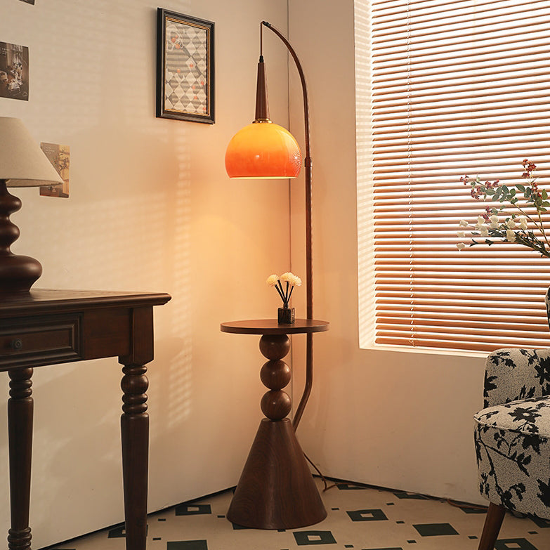 Contemporary Retro Glass Round Shade Solid Wood Shelves 1-Light Standing Floor Lamp For Home Office