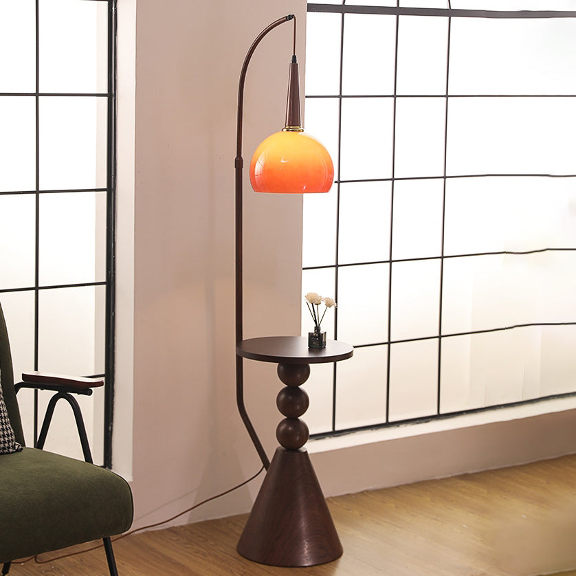 Zeitgenössische Retro-Stehlampe aus Glas mit rundem Schirm und Massivholzregalen, 1 Licht, für das Home Office 