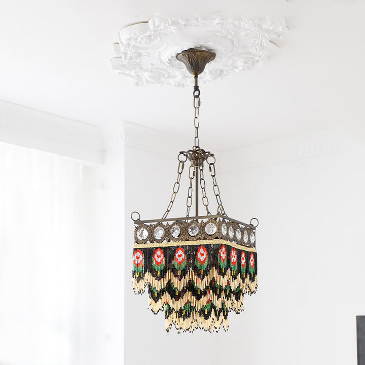 Contemporain Boho Carré Cadre en Laiton Fleur de Rose Gland Cristal Lustre 5 Lumières Pour Salon 