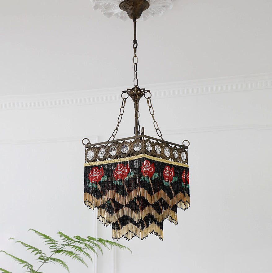 Contemporain Boho Carré Cadre en Laiton Fleur de Rose Gland Cristal Lustre 5 Lumières Pour Salon 