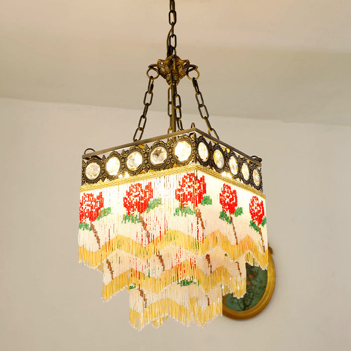 Contemporain Boho Carré Cadre en Laiton Fleur de Rose Gland Cristal Lustre 5 Lumières Pour Salon 