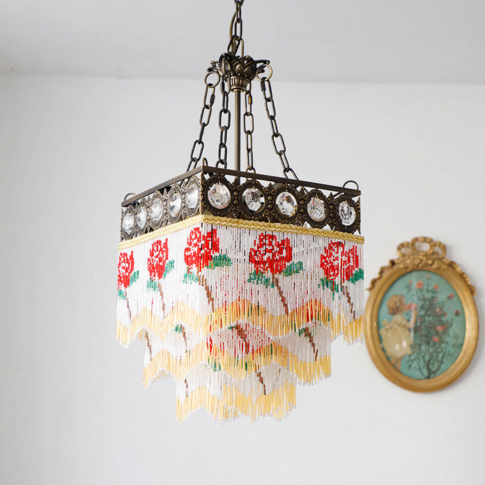 Contemporain Boho Carré Cadre en Laiton Fleur de Rose Gland Cristal Lustre 5 Lumières Pour Salon 