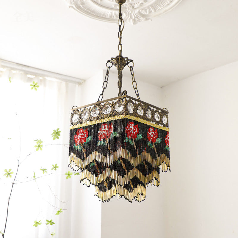 Contemporain Boho Carré Cadre en Laiton Fleur de Rose Gland Cristal Lustre 5 Lumières Pour Salon 