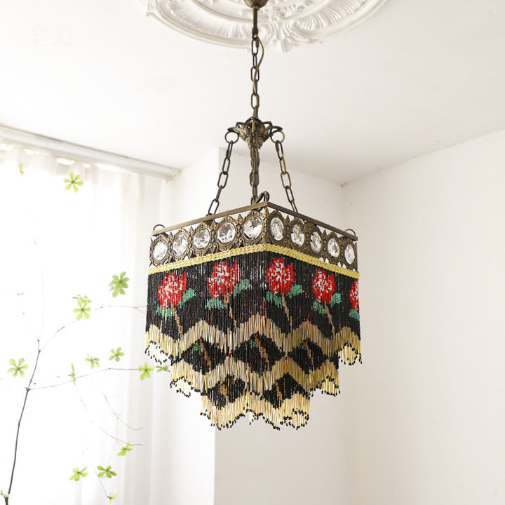 Contemporain Boho Carré Cadre en Laiton Fleur de Rose Gland Cristal Lustre 5 Lumières Pour Salon 