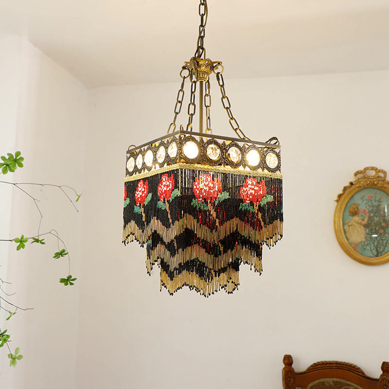 Contemporain Boho Carré Cadre en Laiton Fleur de Rose Gland Cristal Lustre 5 Lumières Pour Salon 