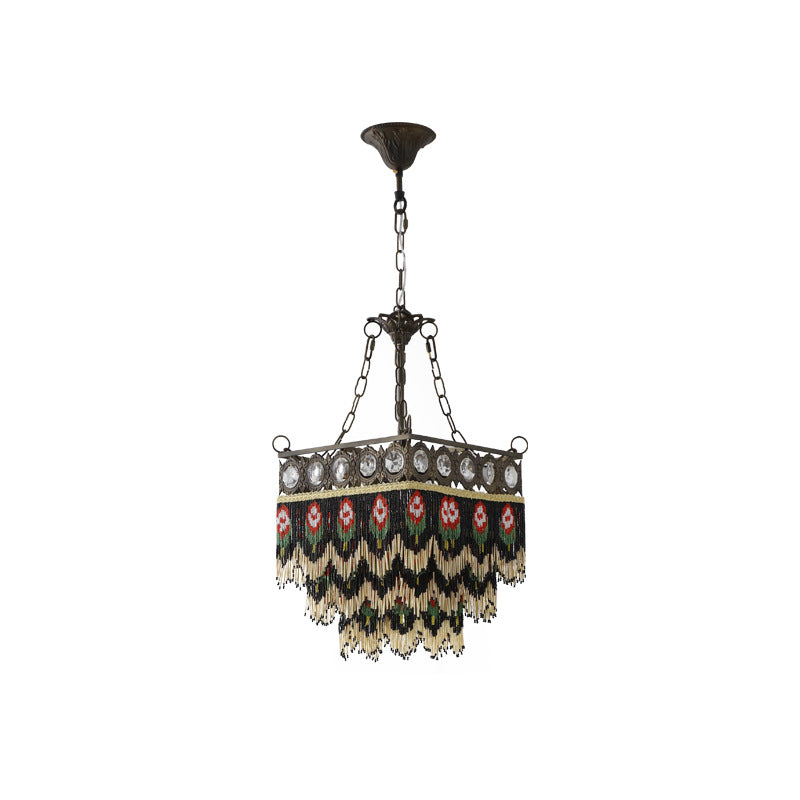 Contemporain Boho Carré Cadre en Laiton Fleur de Rose Gland Cristal Lustre 5 Lumières Pour Salon 