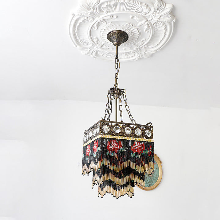 Contemporain Boho Carré Cadre en Laiton Fleur de Rose Gland Cristal Lustre 5 Lumières Pour Salon 