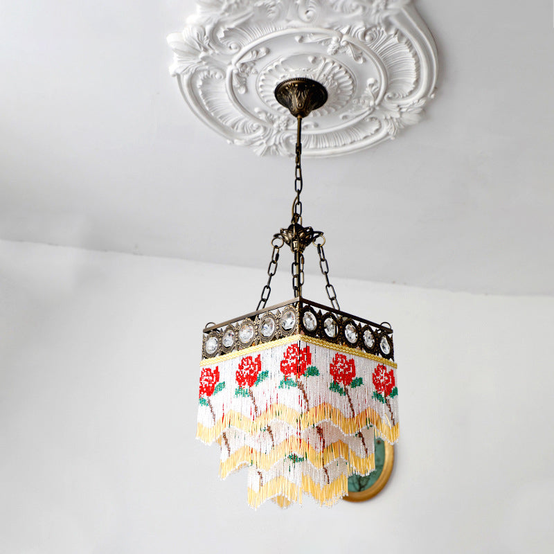 Contemporain Boho Carré Cadre en Laiton Fleur de Rose Gland Cristal Lustre 5 Lumières Pour Salon 