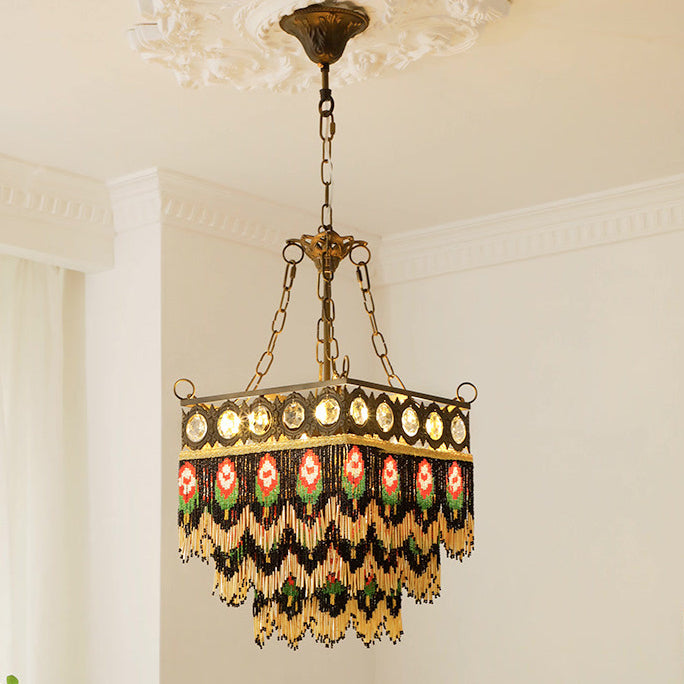 Contemporain Boho Carré Cadre en Laiton Fleur de Rose Gland Cristal Lustre 5 Lumières Pour Salon 