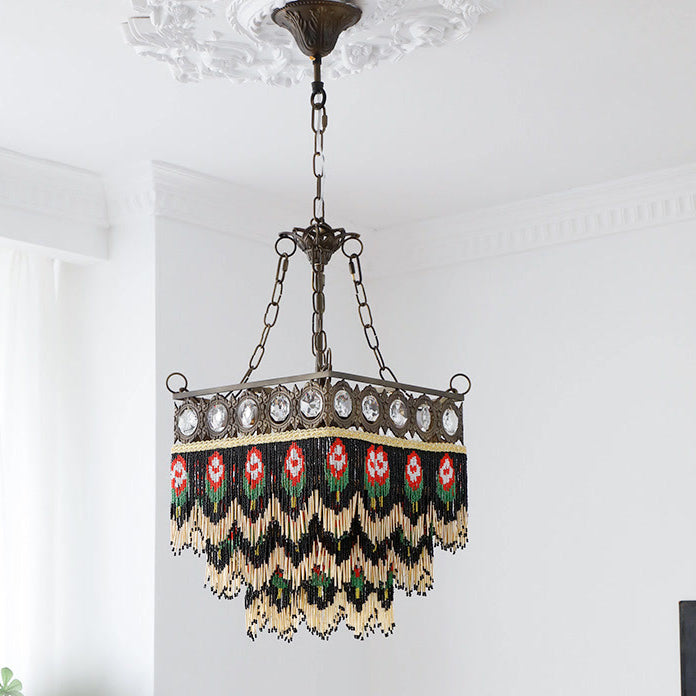 Contemporain Boho Carré Cadre en Laiton Fleur de Rose Gland Cristal Lustre 5 Lumières Pour Salon 