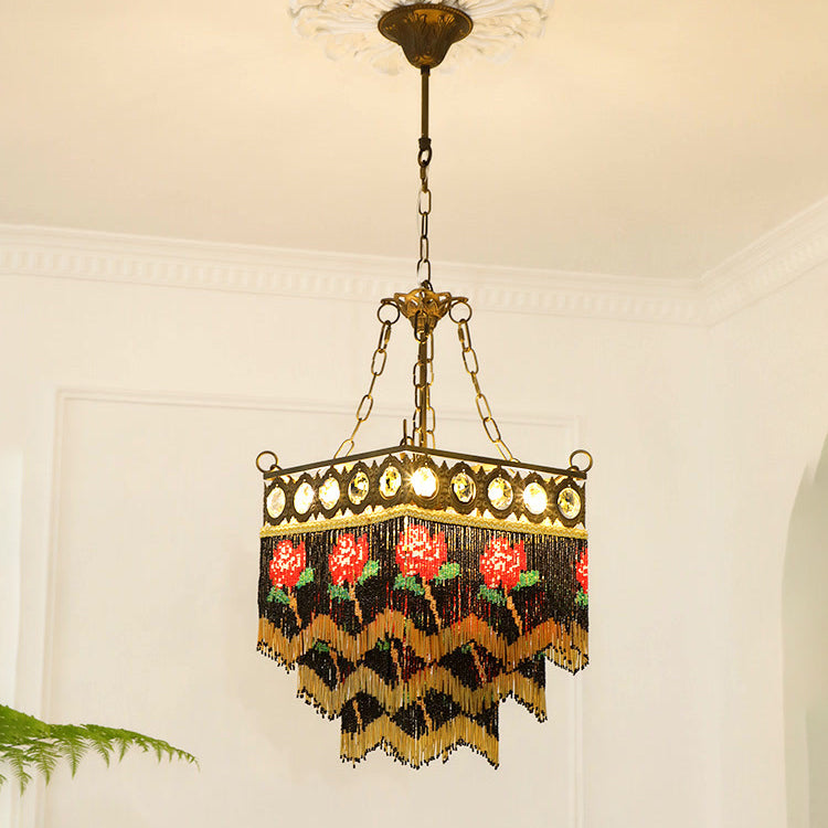 Contemporain Boho Carré Cadre en Laiton Fleur de Rose Gland Cristal Lustre 5 Lumières Pour Salon 