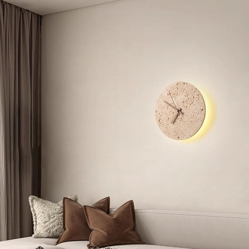Diseño de reloj de círculo geométrico minimalista moderno de travertino lámpara de pared LED para sala de estar 