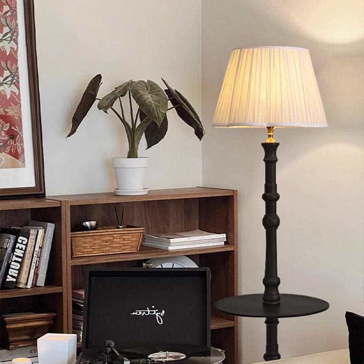 Contemporary Retro Pleated Fabric Shade Wooden Pole Base 1-Light Standing Floor Lamp For Home Office