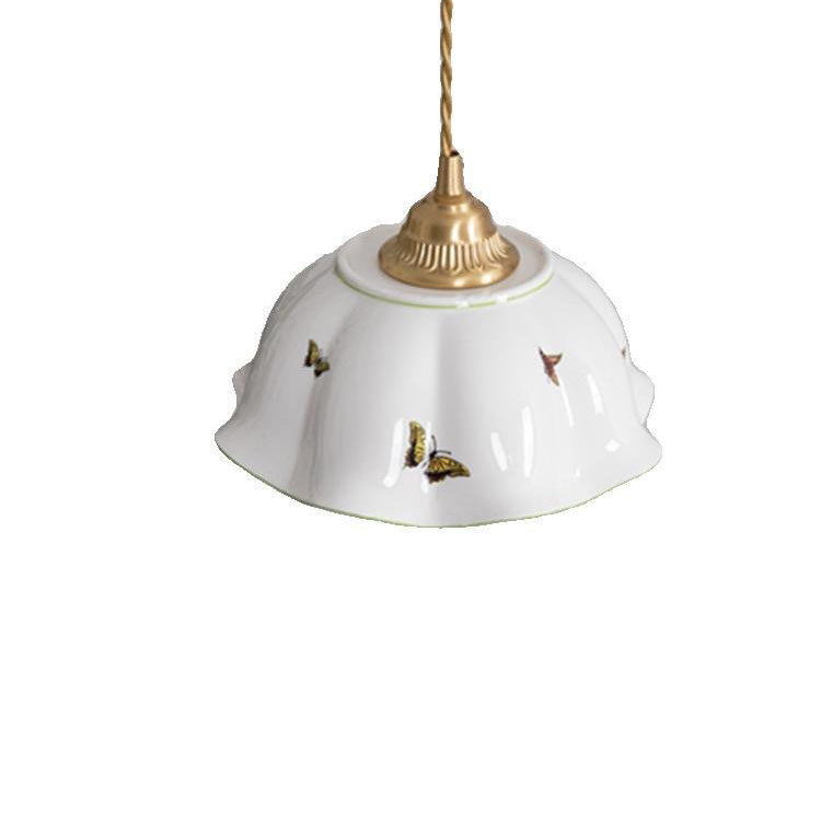Lustre suspendu à 1 lumière en laiton à bord ondulé en céramique pastorale française traditionnelle pour salon 