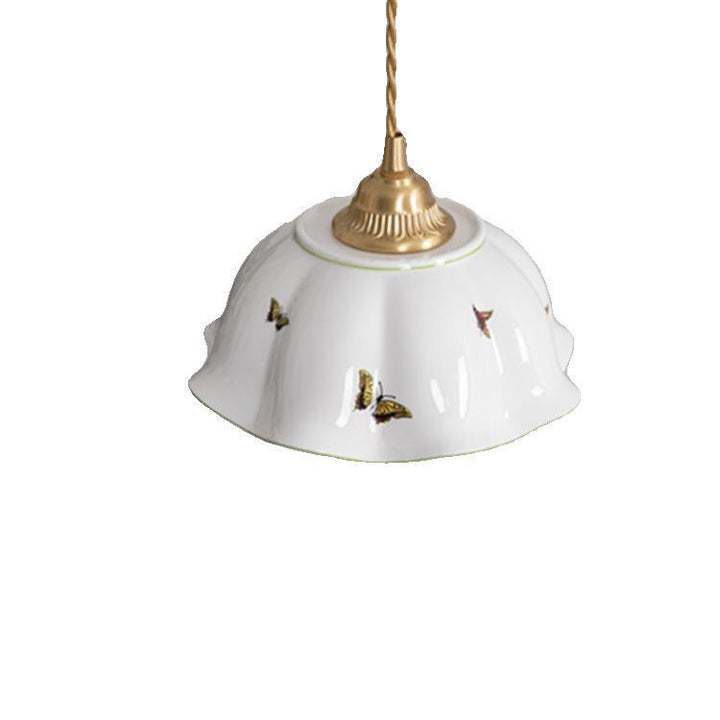 Lustre suspendu à 1 lumière en laiton à bord ondulé en céramique pastorale française traditionnelle pour salon 