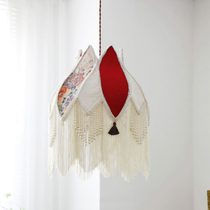 Abat-jour en tissu contemporain Boho Peony avec franges en perles d&
