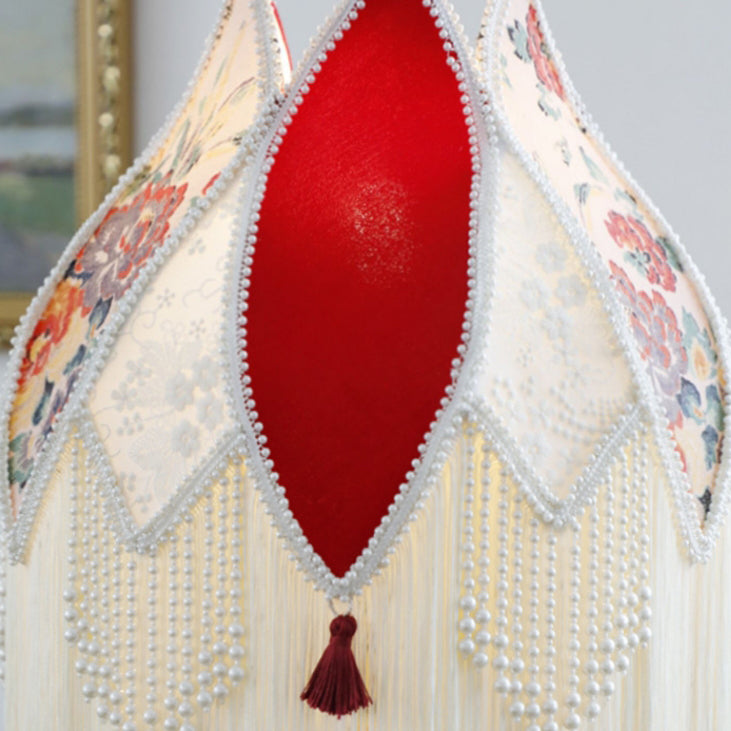 Abat-jour en tissu contemporain Boho Peony avec franges en perles d&