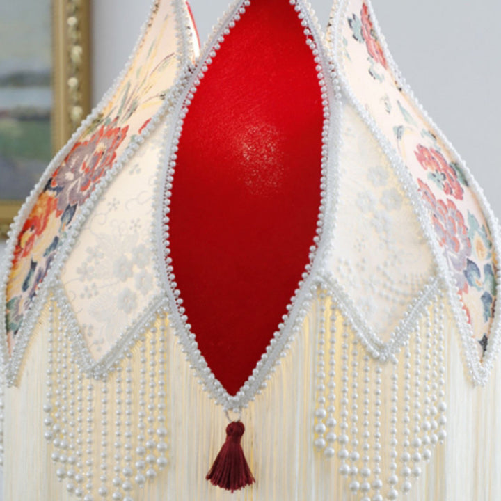 Abat-jour en tissu contemporain Boho Peony avec franges en perles d&