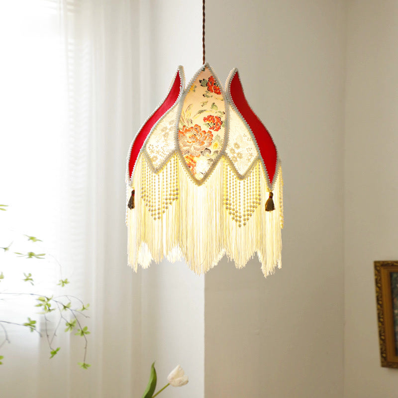 Abat-jour en tissu contemporain Boho Peony avec franges en perles d&
