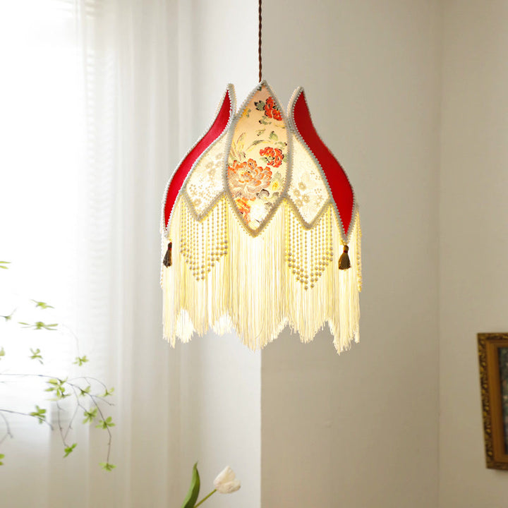 Abat-jour en tissu contemporain Boho Peony avec franges en perles d&