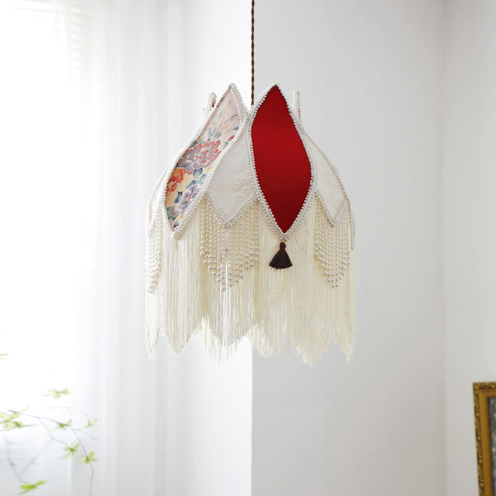 Abat-jour en tissu contemporain Boho Peony avec franges en perles d&