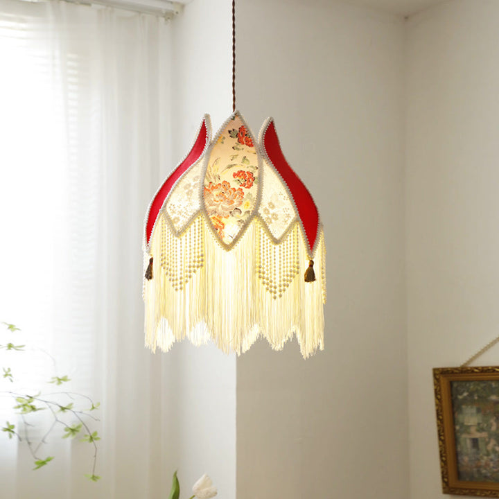 Abat-jour en tissu contemporain Boho Peony avec franges en perles d&