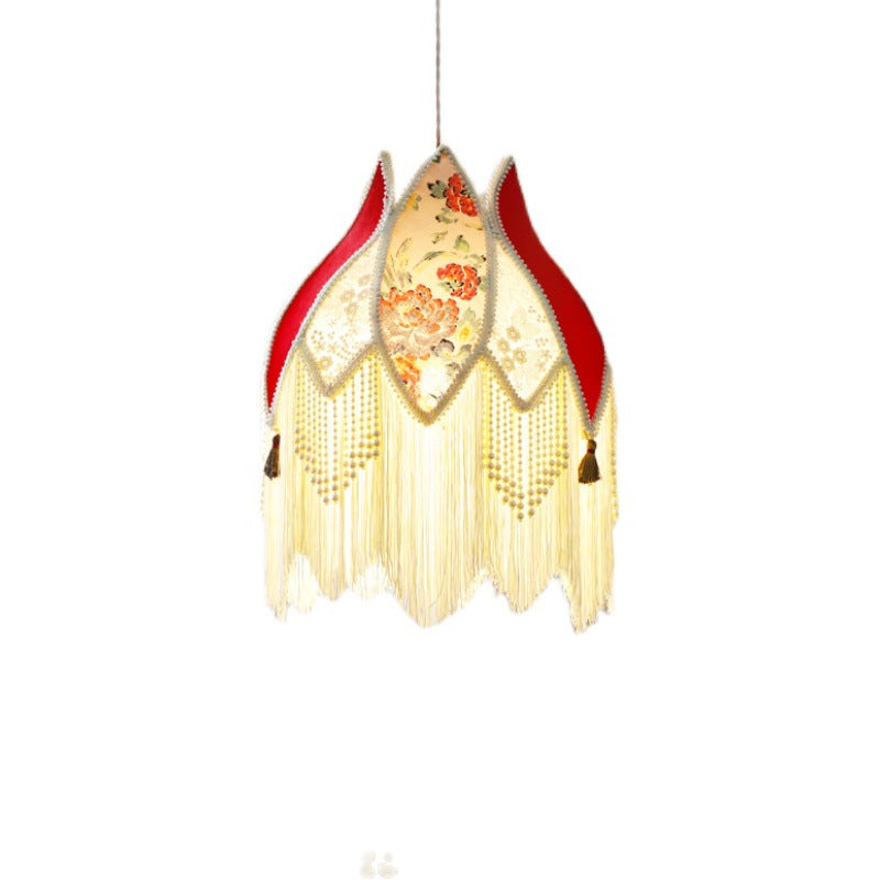 Abat-jour en tissu contemporain Boho Peony avec franges en perles d&