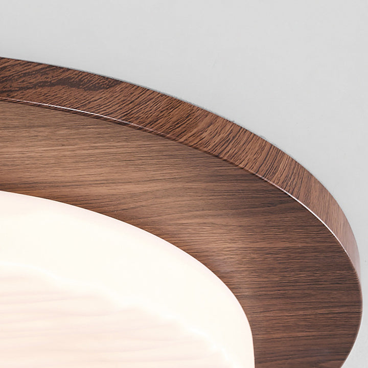 Plafonnier LED moderne minimaliste avec abat-jour rond en acrylique à grain de bois de noyer imitation fer pour chambre 