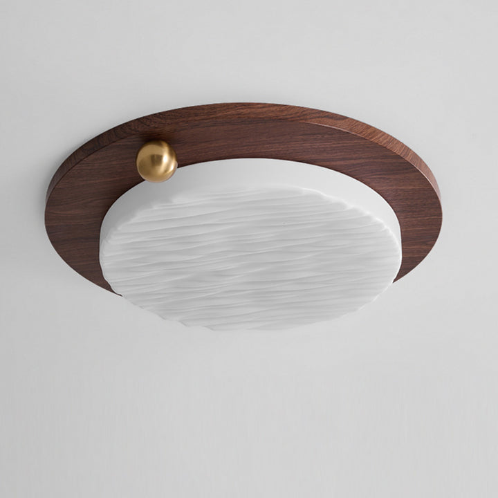 Plafonnier LED moderne minimaliste avec abat-jour rond en acrylique à grain de bois de noyer imitation fer pour chambre 