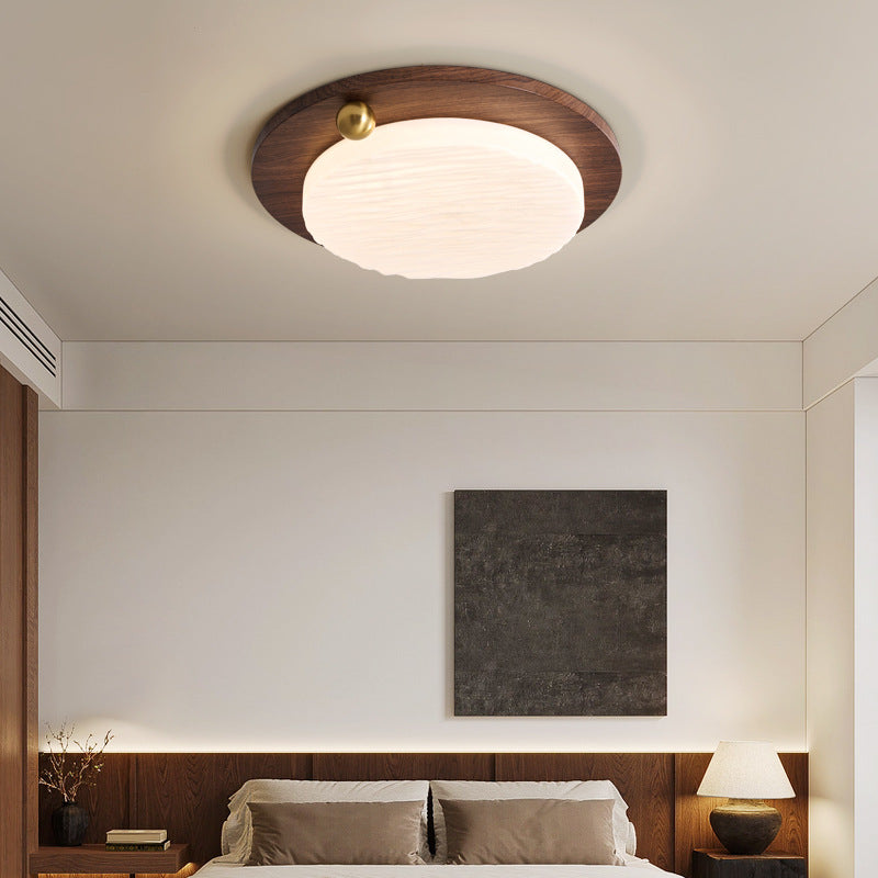 Plafonnier LED moderne minimaliste avec abat-jour rond en acrylique à grain de bois de noyer imitation fer pour chambre 