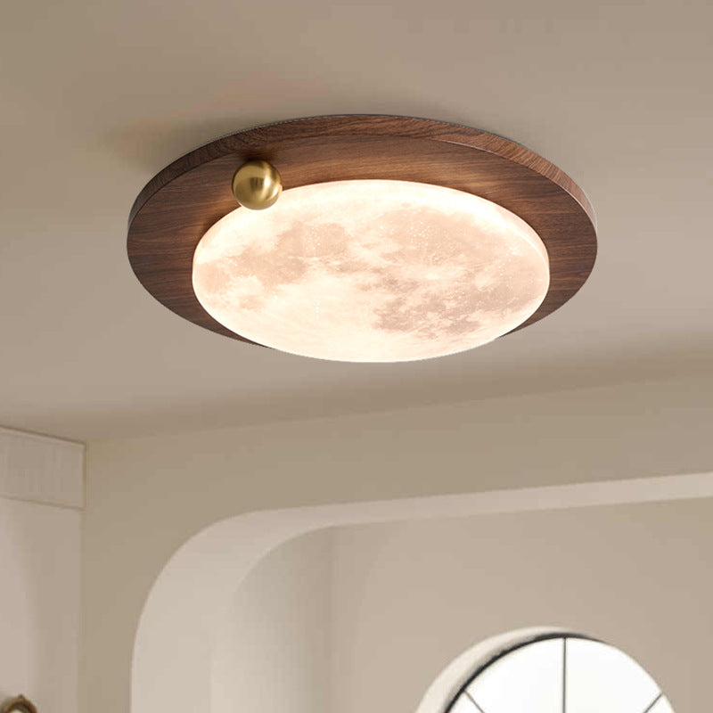 Plafonnier LED moderne minimaliste avec abat-jour rond en acrylique à grain de bois de noyer imitation fer pour chambre 