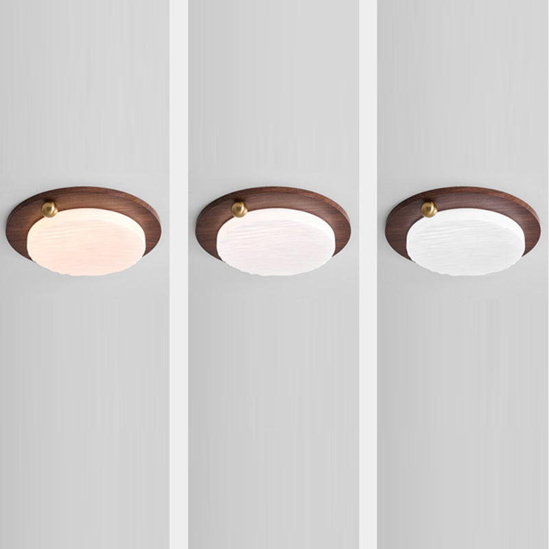 Plafonnier LED moderne minimaliste avec abat-jour rond en acrylique à grain de bois de noyer imitation fer pour chambre 