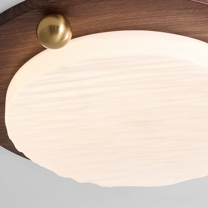 Plafonnier LED moderne minimaliste avec abat-jour rond en acrylique à grain de bois de noyer imitation fer pour chambre 