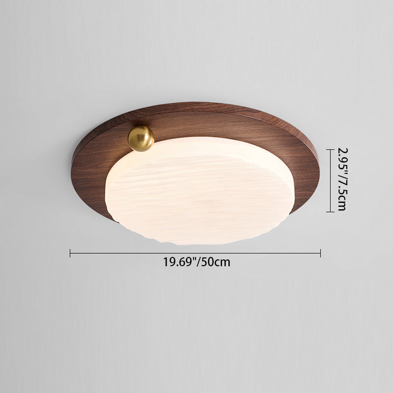 Plafonnier LED moderne minimaliste avec abat-jour rond en acrylique à grain de bois de noyer imitation fer pour chambre 